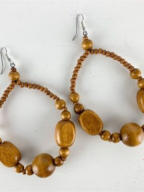 Large Pair Vintage Wooden Beaded Dangle Earrings Boho Chunky Estate Jewelry